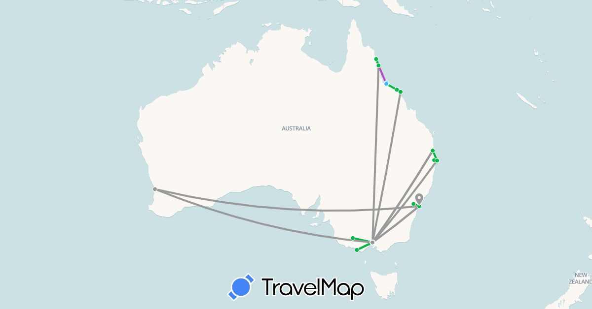 TravelMap itinerary: bus, plane, train, boat in Australia (Oceania)